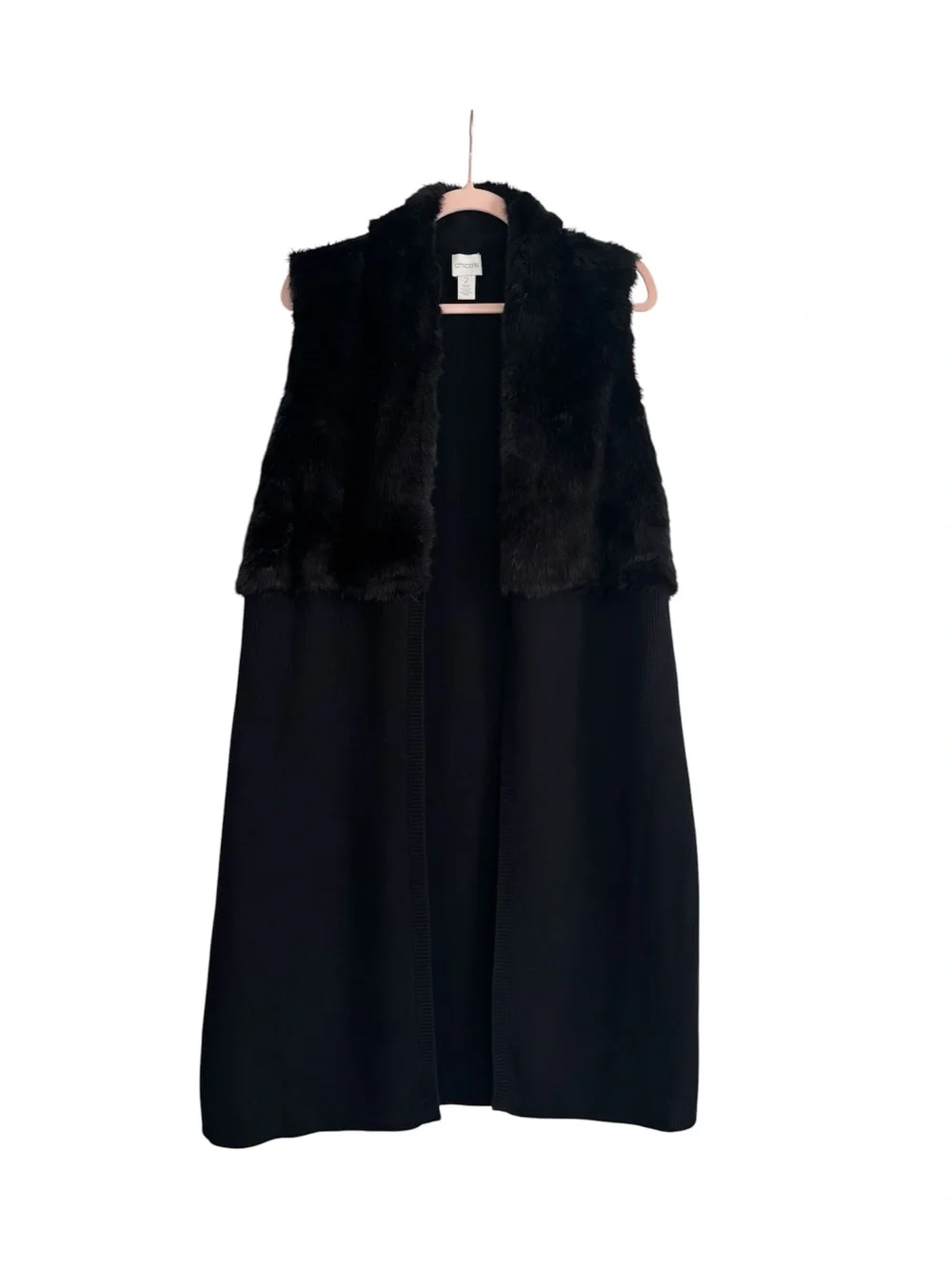 Chico’s Anastasia Black Faux Fur Trim Maxi Skirted Vest Sz 2